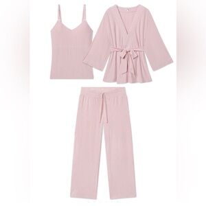 Maternity DreamModal Kimono Three-Piece Set in Carnation Pencil Stripe